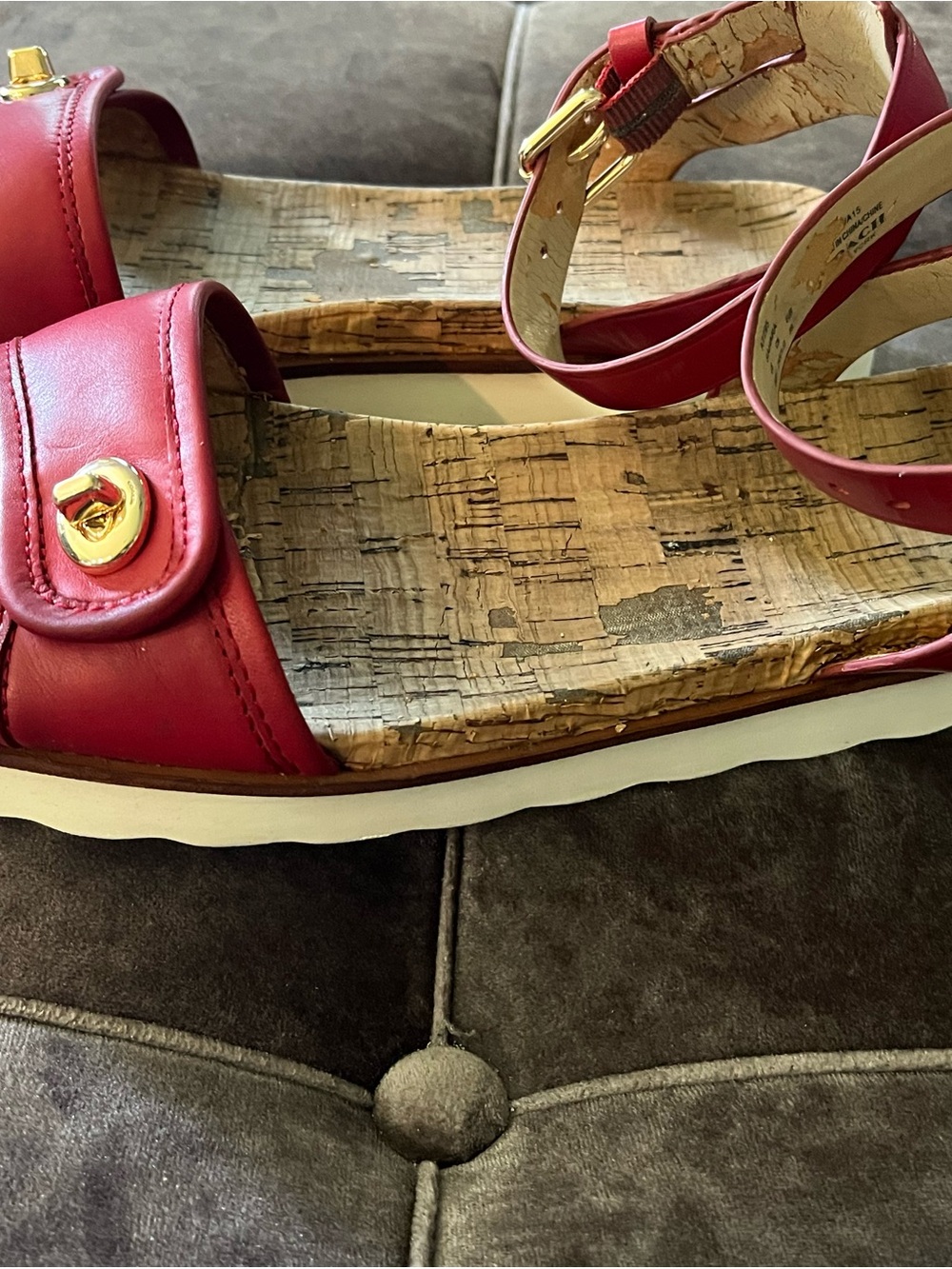 Coach Red Leather Ankle-Strap Sandals with Gold Accents - Picture 4 of 8